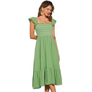 Boho Midi Dress Square Neck Ruffle Tiered Flowy Smocked Sundress Grey Green
